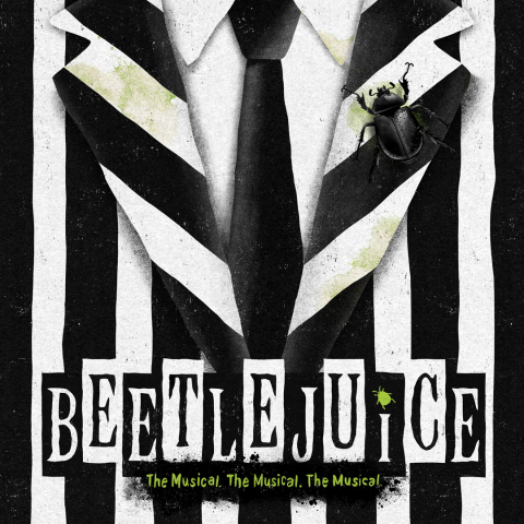 Beetlejuice logo on top of a black and white stripped suit jacket