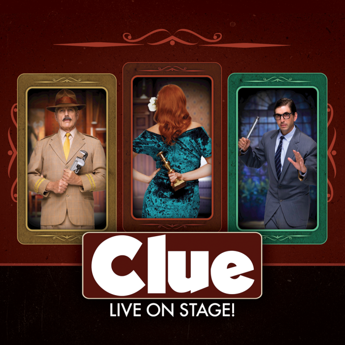 Clue characters holding various murder weapons.