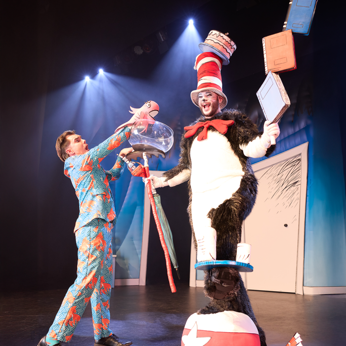 Cat standing on a ball balancing books in his hand