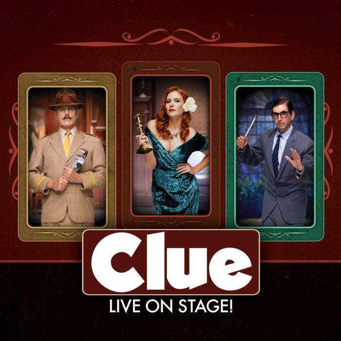 Three Cards of Clue Characters over the Clue logo.